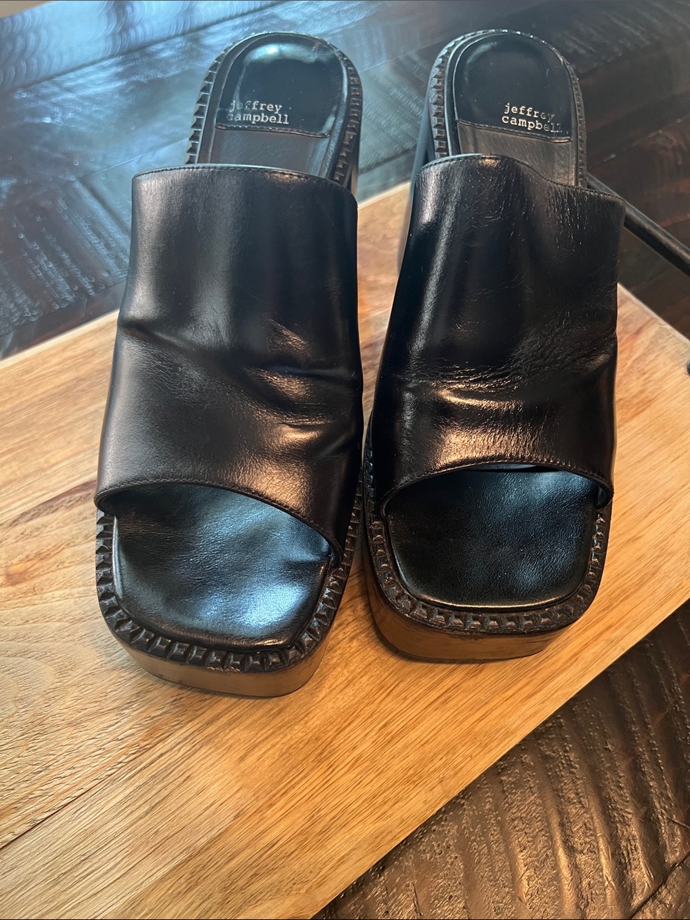 Jeffrey Campbell Black Leather Platform Open-Toe Mule Heels - Picture 4 of 13